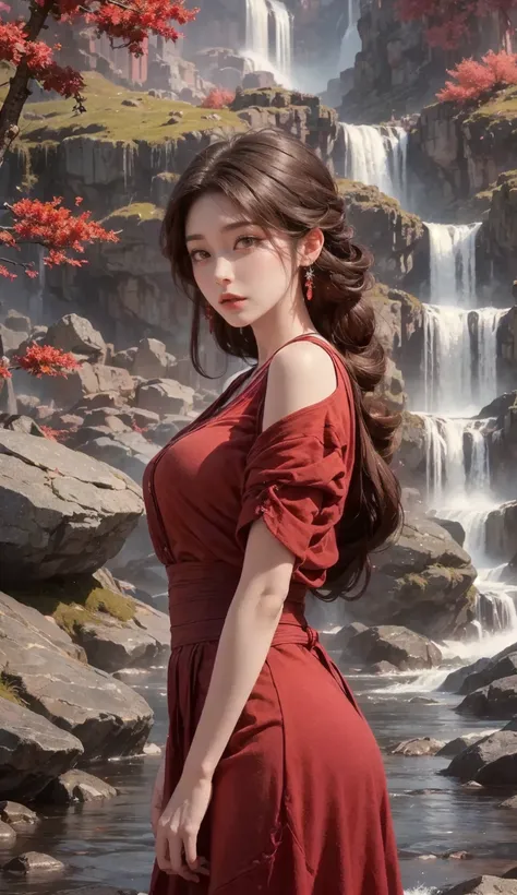 1girl, Solo, High Resolution,1girl, Solo, High Resolution, Brown eyes, Closed Mouth, Black Hair, 8K Octane, wearing red dress, Behind waterfall, Behind Pink Sakura trees