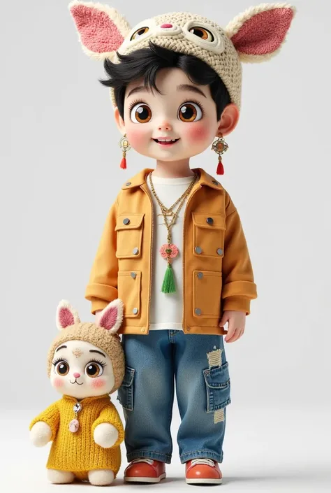  cute cartoon boy，Toy Doll，Adorable headdress ， upper body，，Trendy clothing，Standing，3D Rendering，Immovable mode， detailed details，Clothing material details