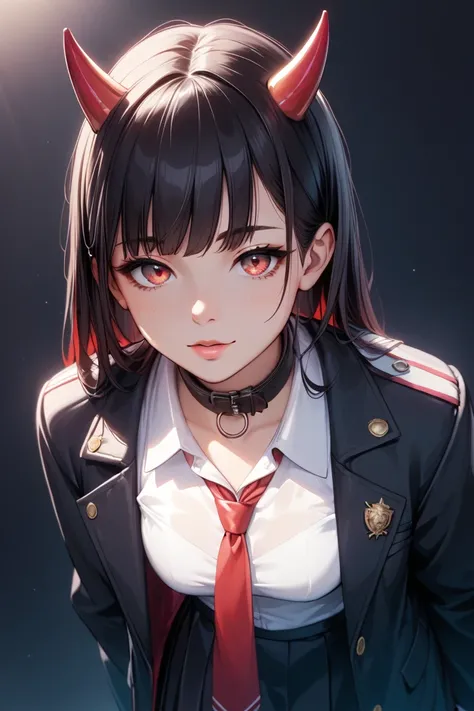 long black hair, red horns like the character zero two from the favorite in Franks, red eyes, ((school uniform, white sleeveless shirt, red tie, black skirt, black jacket, jacket with bronze edging on the collar, jacket hanging on her hands)), Lorraine Arc...