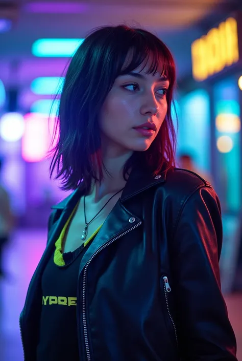 Create a cyberpunk-inspired photo detailed to 8K. The center of the image is a character dressed in stylish clothing with high-tech elements. The atmosphere should be saturated with colors such as bright blues and purples, with contrasting yellow and green...