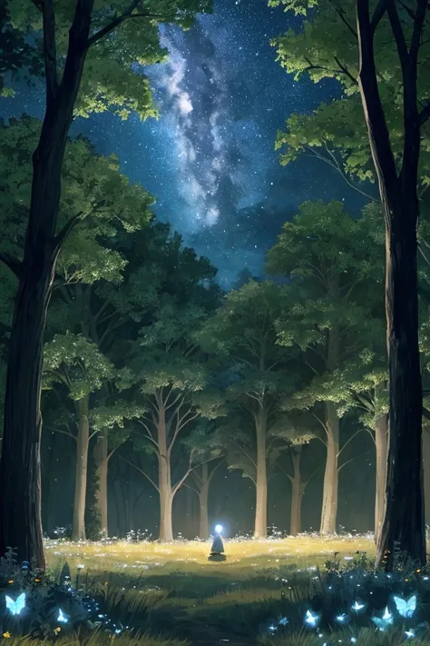  It shows a night scene with a fantasy atmosphere .  There is a meadow full of wild flowers , mainly blue ,  white and light blue and some small ones in yellow and white tones .  On the ground you can see flashes of light that are fireflies and silver butt...