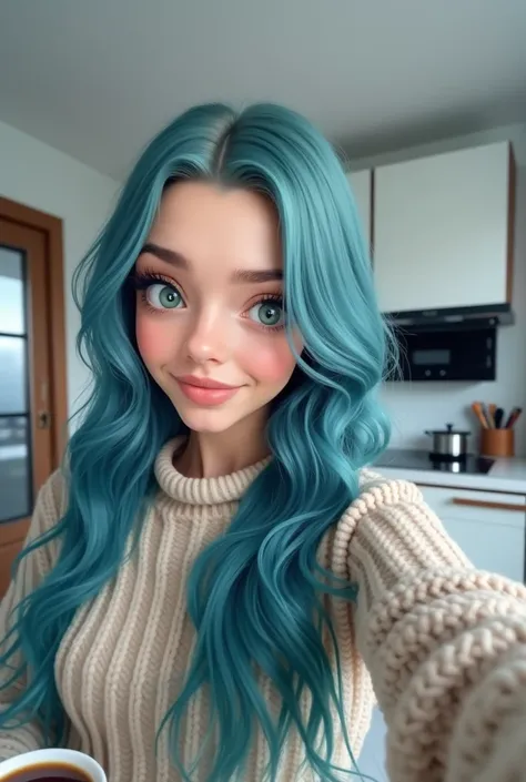 Italian girl with long wavy blue hair, green eyes, large and perfect breasts hints at a smile with her mouth as she takes a selfie, with her other hand she holds a cup of coffee, her gaze is turned to the camera, she has just woken up, behind her we catch ...