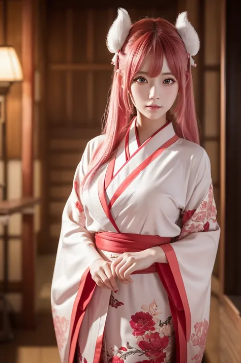 Shuna (Tensura), Long hair tied low , 鬼のhorn, miko, Red Hakama, trip, (4K),  depth of field, ( obra maestra ), Extremely detailed, Complex,  several people having fun with each other while having very detailed , Bokeh,  Hi-Res,  sharp details , Best Qualit...