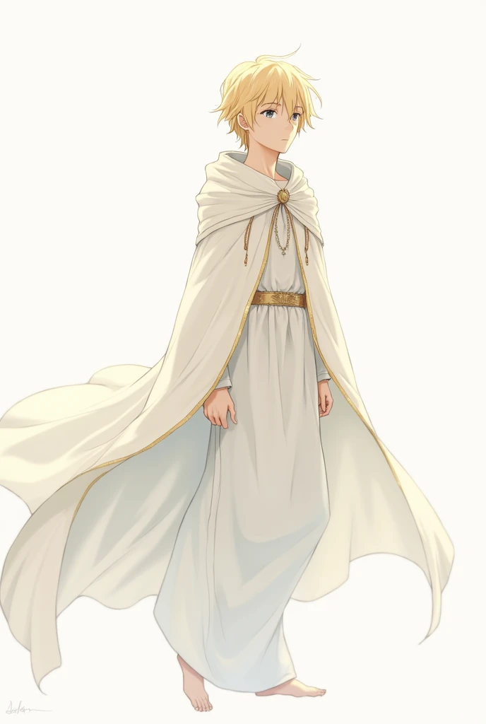 A blonde haired anime boy, white long Cloak cloak,Catone Divina Commedia Not Too Muscular White Background 