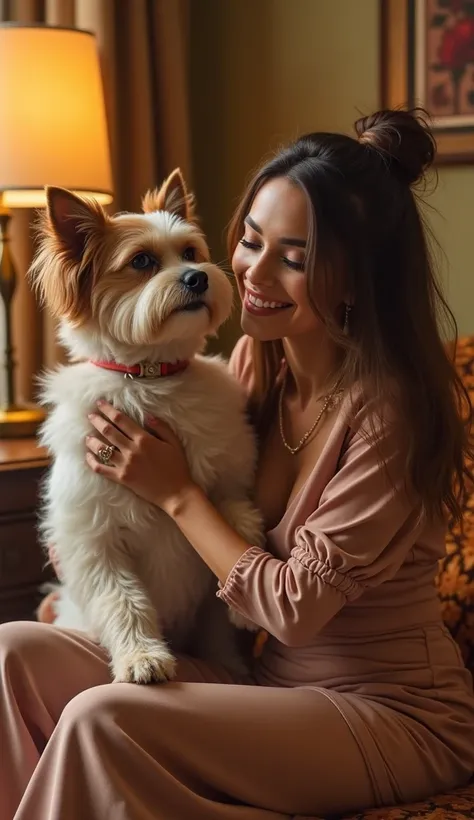 A captivating Instagram influencer, exuding radiance and charm, engages in a whimsical pose with her chic canine companion, both illuminated by a soft, golden glow. The model dons a fashion-forward ensemble, while her dog dons a stylish accessory, creating...