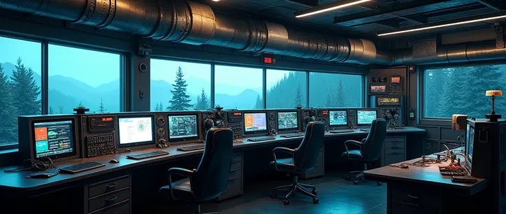 [[NO PEOPLE]]The image depicts a modern, well-equipped control room with multiple computer monitors displaying various screens of data and information. The room is dimly lit, creating an atmosphere of focus and concentration. In the foreground, there are s...