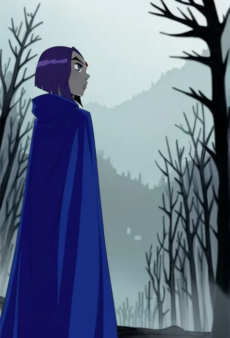 1girl, solo, raven (dc), purple eyes,  purple hair, grey skin, forehead jewel, blue cape covering whole body, long blue cape, cape reaches the ground, standing, wind blowing the cape, fog, forest, city, hood covered head, from behind, from below