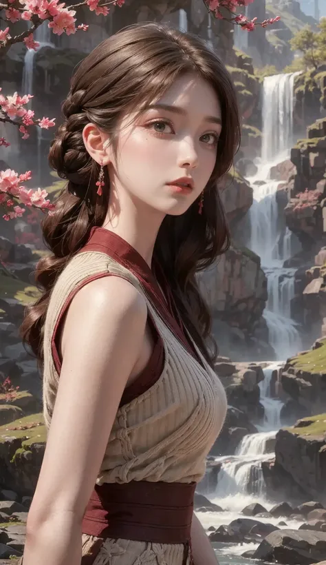 1girl, Solo, High Resolution,1girl, Solo, High Resolution, Brown eyes, Closed Mouth, Black Hair, 8K Octane, Behind waterfall, Behind Pink Sakura trees