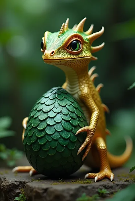 A gold cameleon with a green head holding a dark green scale dragon egg 