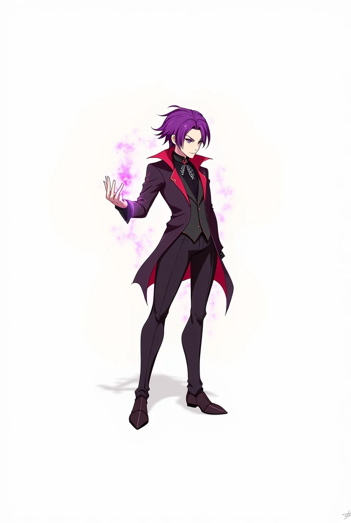 a man with purple hair styled back, standing, looking to the side, serious expression, wearing count dracula vampire clothes, purple eyes, anime style fairy tail