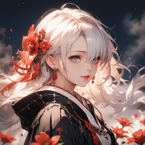 1girl,solo,1girl,solo,((beautiful detailed eyes)), (detailed light),depth of field,(white hair),silver eyes,hair over one eye,(red flower ), hair flower,long hair,black cloak,emotionless,night,starfall,fog,red flowers falling,sketch,upper body,intense shad...