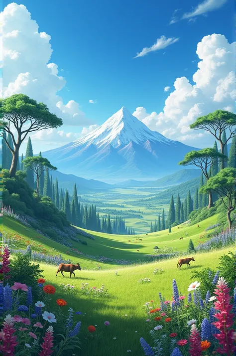  Beautiful landscape filled with beautiful flowers and umbrella pines, with magnificent mountains on the horizon , avec des animaux sauvages qui passent devant , with a blue sky.  Hyper realistic and panoramic vision  