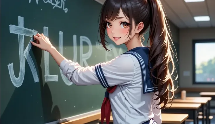  joyful female students  ,   sailor suit,   posing by pointing at the blackboard  , ((( posing in front of a blackboard  ,   background:"JK style FLUX "))),   soft focus  , (  High Quality ,4K,8k, Hi-Res, masterpiece :1.2),Super detailed, ( Genuine, PhotoG...