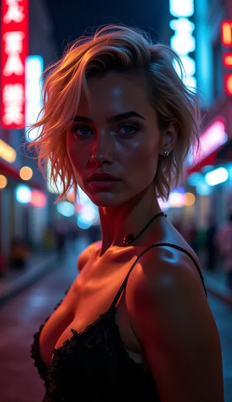 Realistic painting, medium shot portrait, woman, sexy look, night street, neon lights creates game of light and shadows on womans face and body, her blond short hair are colorful frombneon lights, 8k, bokeh, chiaroscuro, masterpiece