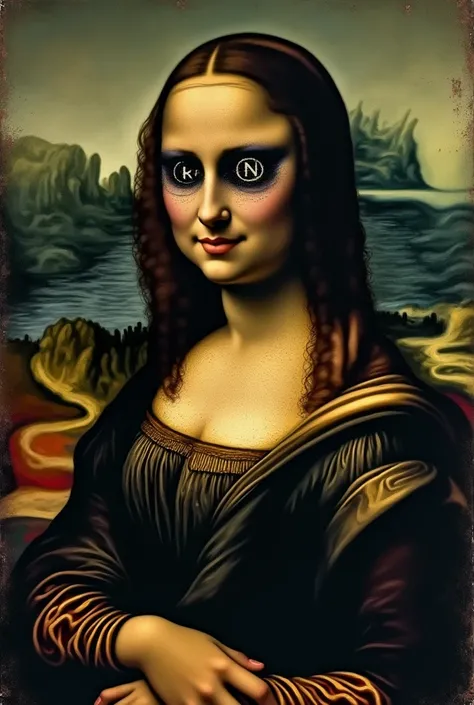 An antique painting studio with a close-up of the Mona Lisas face, especially her enigmatic eyes. Faint letters and symbols appear in the pupils, surrounded by shadows, creating a mysterious and cryptic ambiance."