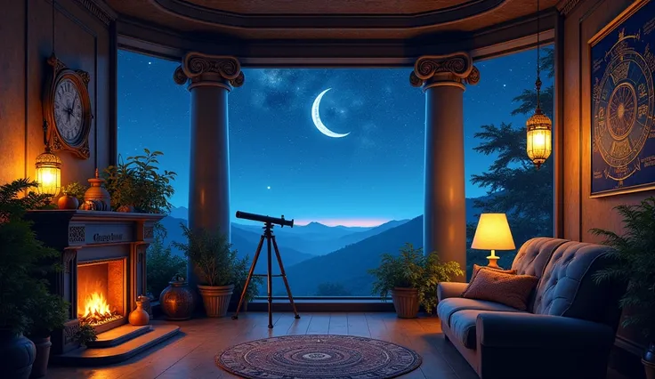 ((Best Quality)), ((masterpiece)), (  Details), perfection, in room looking out onto stars, Subtle, Master Craft, Astronomers Room 、Starlight 、 Moon Lantern 、 Star decoration like lights、 a fantastic and timeless ,Fantastic room、  a star with a space-time ...