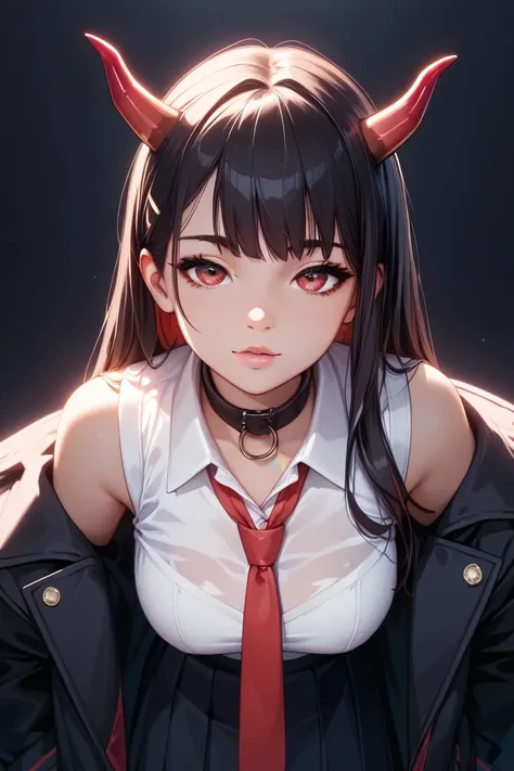 long black hair, red horns like the character zero two from the favorite in Franks, red eyes, ((school uniform, white sleeveless shirt, red tie, black skirt, black jacket, jacket with bronze edging on the collar, jacket hanging on her hands)), Lorraine Arc...