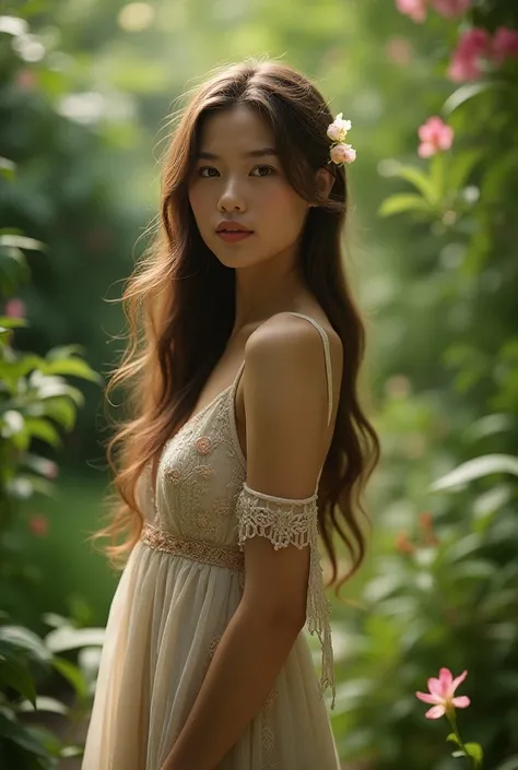 a beautiful woman standing in a lush green garden, long flowing hair, elegant dress, serene expression, intricate floral patterns, sun dappled lighting, cinematic composition, photorealistic, masterpiece, 8k, highly detailed