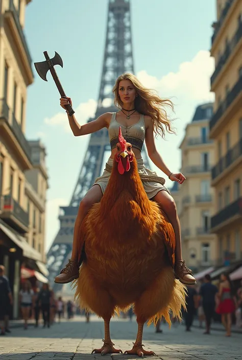 Woman with long light brown hair wearing a Greek skirt and neckline and holding an axe riding a chicken and standing on the street next to the Eiffel Tower