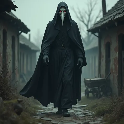 plague doctor,with red eyes, walks through the village.