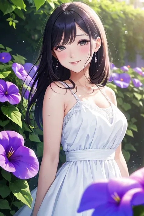 ( High Quality ,  Hi-Res,  Sex), Surrounded by purple morning glory flowers, Beautiful white dress, Alone,  is standing,  Curvy Adult Women, Sparkling Eyes, ( detail eyes :1.2), smile, , sweat,  oily skin ,  bright color , Soft Tone,  shallow depth of fiel...