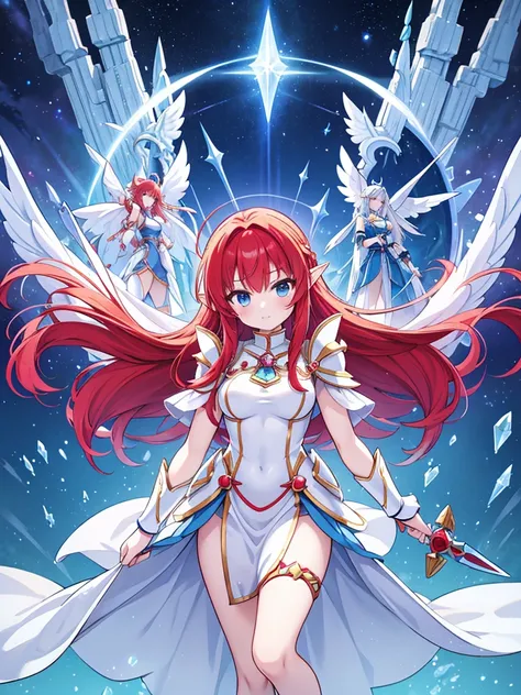  Red-Haired Medium Bob、 Woman in a white dress with a sword and blue dress,  A beautiful celestial magician , portrait Saint Seiya girl, Ice Crystal Armor, Saint Seiya girl,  mystical Atlantis Valkyrie ,  Elementalist Full Body Image, Anime Goddess, Gear A...