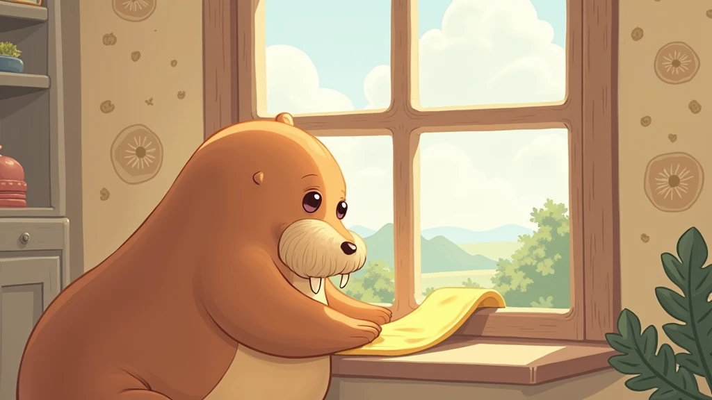 cute illustration of a walrus wiping a room window、