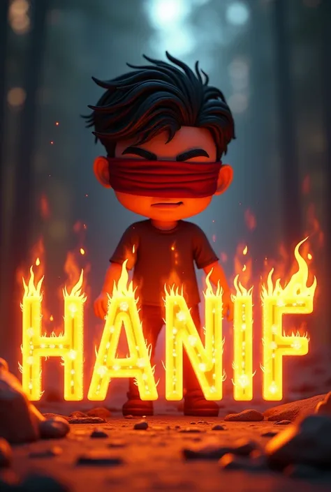 Give me a picture of a text ( M.HANIF ) written by Fire with a background of a human male gaming cartoon character who binds a red cloth over his eyes  and the character should behind the text and the text should be in capital alphabets 