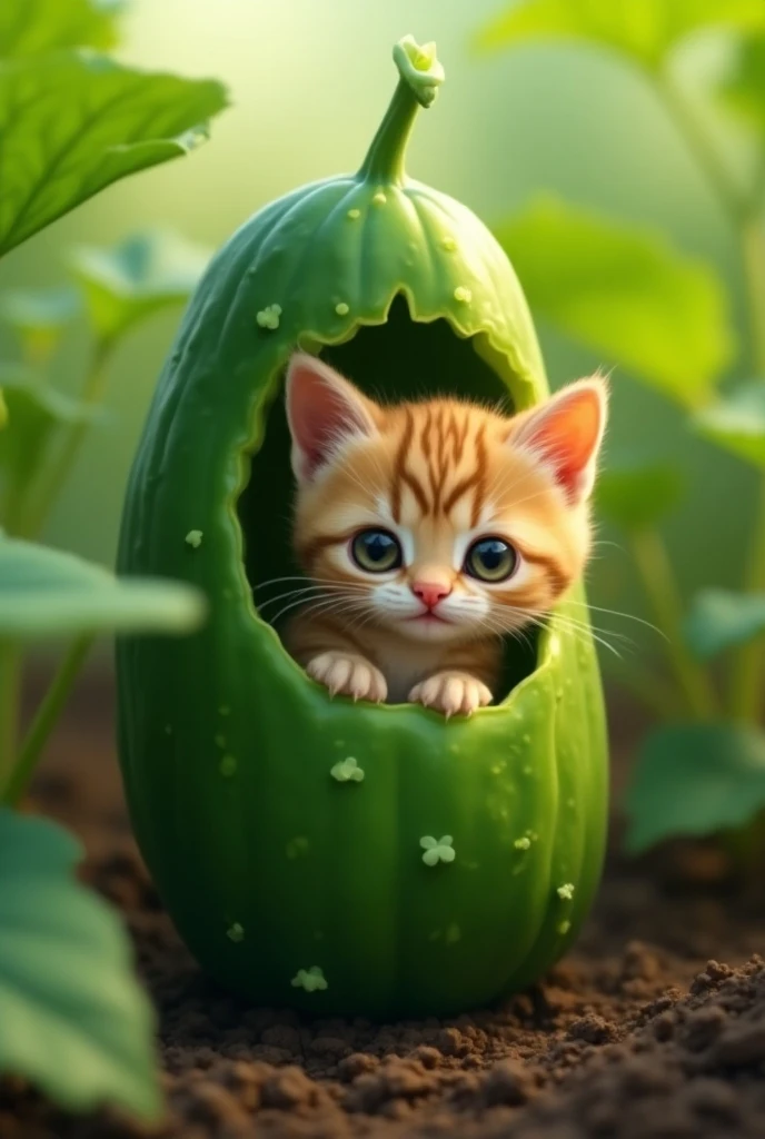 Small kitty inside a cucumber
