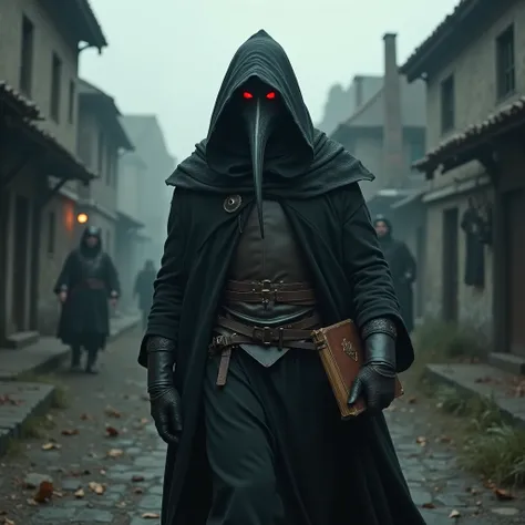 plague doctor,with red eyes,in armor, walks through the village.