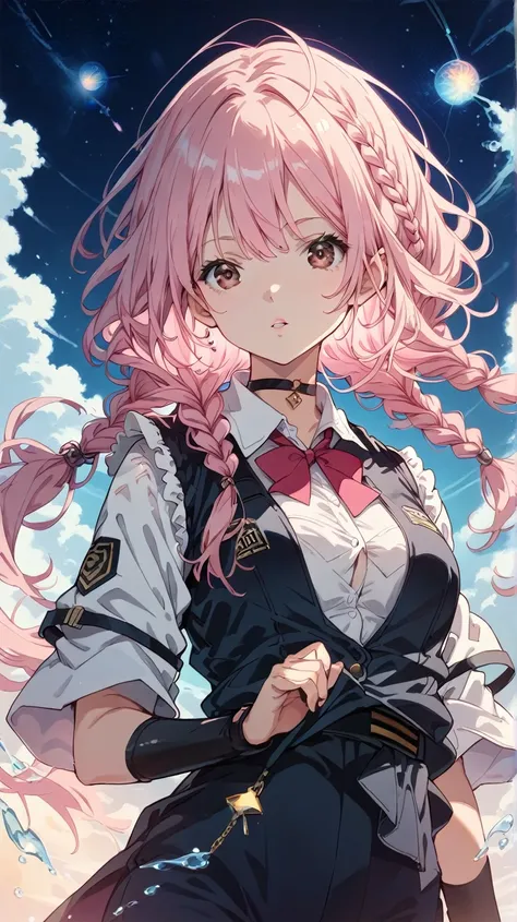 straight front view of An anime girl with long, pink hair styled in twin braids, with a few strands falling between her eyes. add light on face to highlight. She has brown eyes and wears a white collared shirt with a black, buttoned vest and a thin black c...