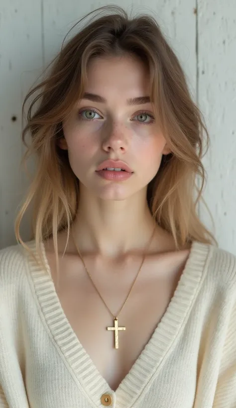 Gorgeous 20 years old Slavic Attractive Christian Influencer Girl Portrait image, closed mouth, Pretty Face, aesthetic, Innocent, submissive, looking in front, wearing a small golden cross necklace, wearing a soft cream-colored round neck cardigan, white t...