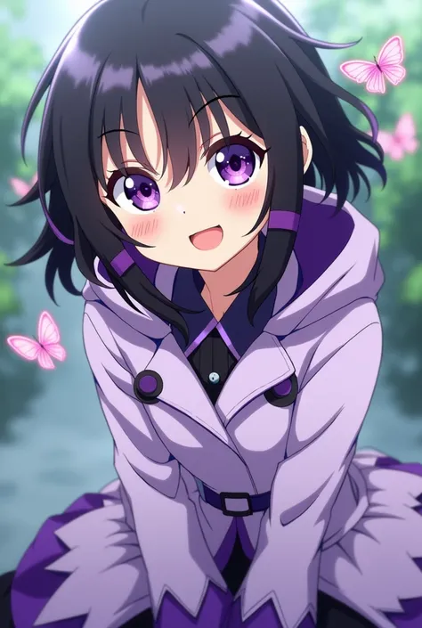  Screenshot of Kimetsu no Yaiba.
 Do a black-haired girl with purple highlights  . has bright purple eyes and is smiling  . she is wearing a light purple raincoat with dark purple details on the bottom of the trench coat she has butterflies.
 Underneath is...