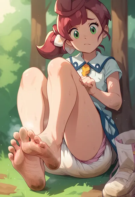 masterpiece, best quality, highres, Chloe as a toddler, girl sitting, wet diaper, very cute, adorable, curious, barefoot sole, foot focus, dirt, smelly, stinky, steamy, sweaty