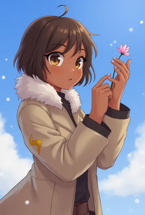 aesthetic posing, 1girl, solo, short hair, brown hair, long sleeves, holding, brown eyes, jewelry, jacket, upper body, flower, earrings, sky, day, dark skin, arm up, dark-skinned female, blue sky, lips, coat, fur trim, blue background, realistic, pharah (o...