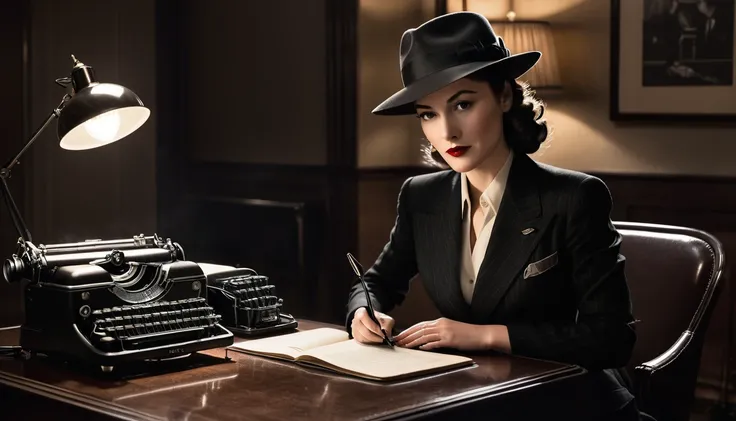 woman sitting at a table with a typewriter and a lamp, female spy, inspired by Evaline Ness, girl in a suit, noir detective and a fedora, in roger deakins style, girl in suit, dressed like in the 1940s, portrait shot, elegant cinematic pose, stunning moody...