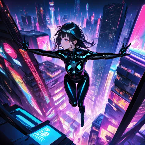 a dynamic poster of jumping off the roof of a building with open arms while wearing a shiny, tight plug suit, a cut-in of a woma...