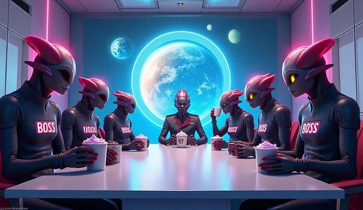 A futuristic intergalactic peace summit in a sleek, modern conference room. Alien generals from the ChRathNa Empire, wearing "World’s Best Boss" T-shirts and holding coffee mugs, sit around a large table. Some are playfully debating over frosting colors fo...