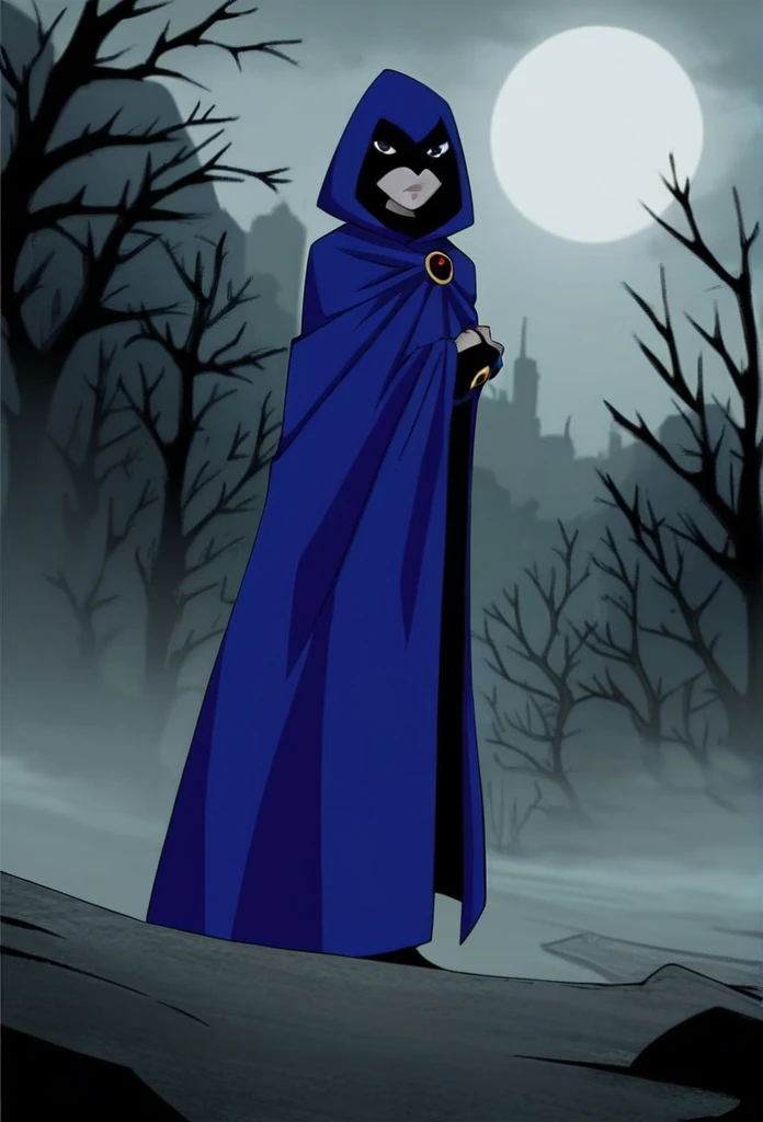 1girl, solo, raven (dc), purple eyes,  purple hair, grey skin, forehead jewel, cape covering whole body, long blue cape, cape reaches the ground, standing, night, fog, forest, city, hood covered head, Looking at viewer, High Resolution, Best Quality, Maste...