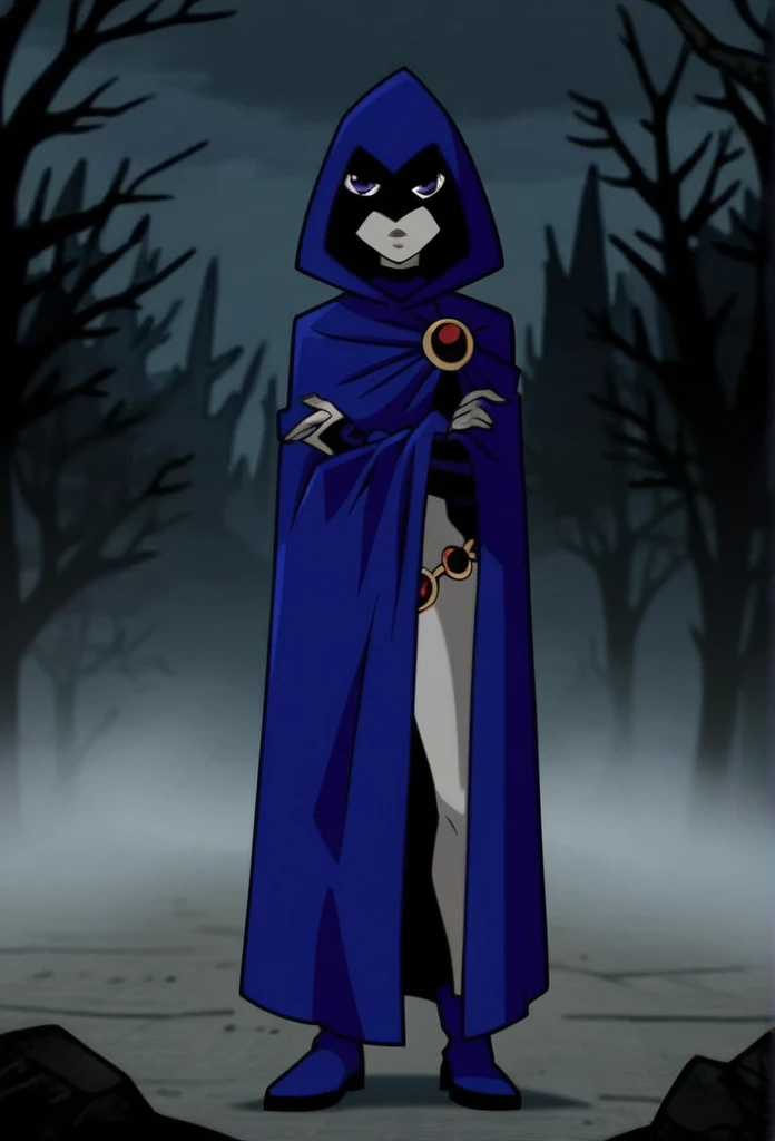 1girl, solo, raven (dc), purple eyes,  purple hair, grey skin, forehead jewel, cape covering whole body, long blue cape, cape reaches the ground, standing, night, fog, forest, city, hood covered head, Looking at viewer, High Resolution, Best Quality, Maste...