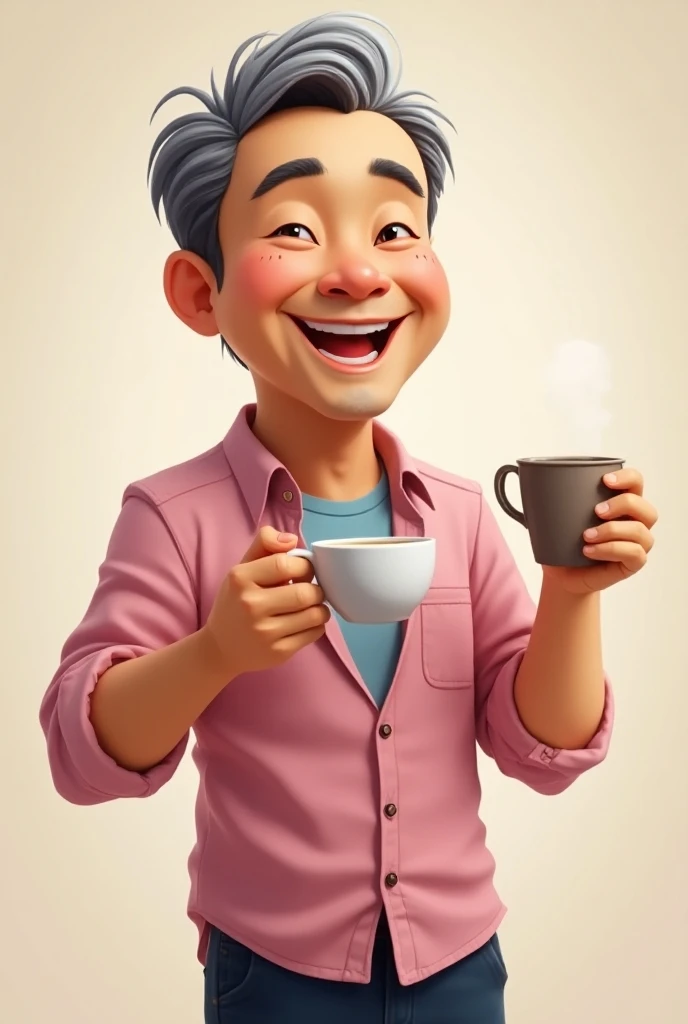 Create a realistic character 4D cartoon style full body with a big head, a 45 year old Indonesian man with a smile, a happy expression, his mouth slightly open, he has short hair, with silver on the top. He wore a pinkt over a blue shirt. enjoy a cup of co...