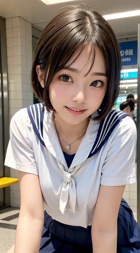 (masterpiece, Best Quality:1.2), 8K, 18 years old Japanese girl, 85 mm, Official art, Raw photo, Pretty Face, close up, face focus, cute Girl, Cinch waist, beauty thighs, soaking wet, sweat, large breasts, student uniform, serafuku, white shirt, short slee...