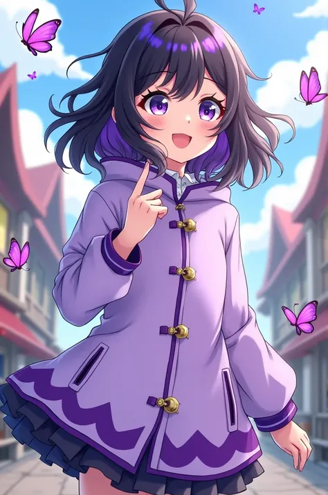  Screenshot of Kimetsu no Yaiba.
Make a girl with loose and long black hair with purple highlights . has bright purple eyes and is smiling  . she is wearing a light purple raincoat with dark purple details on the bottom of the trench coat she has butterfli...