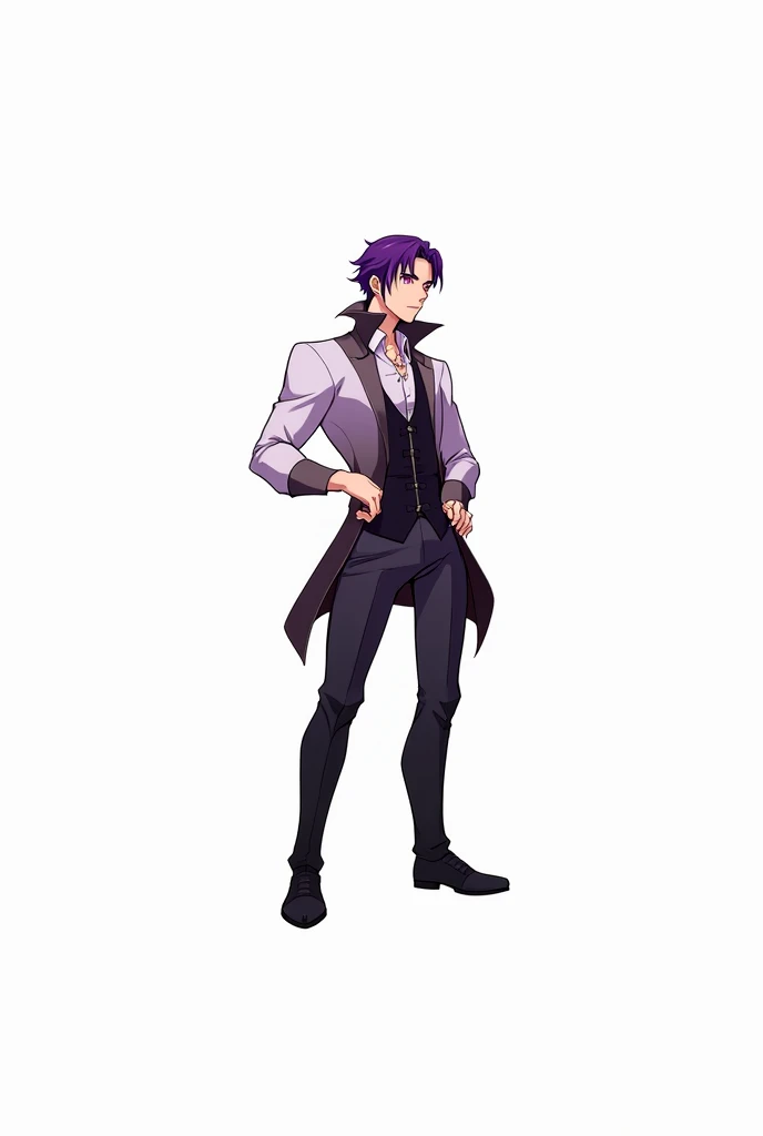 a man,  semi-long purple hair combed backwards, strong body, standing, looking to the side, serious look,  with Count Draculas clothing , vampiro, Purple-colored eyes ,  Jujutsu Kaisen style anime 