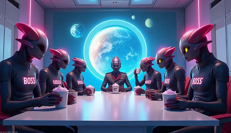 A futuristic intergalactic peace summit in a sleek, modern conference room. Alien generals from the ChRathNa Empire, wearing "World’s Best Boss" T-shirts and holding coffee mugs, sit around a large table. Some are playfully debating over frosting colors fo...