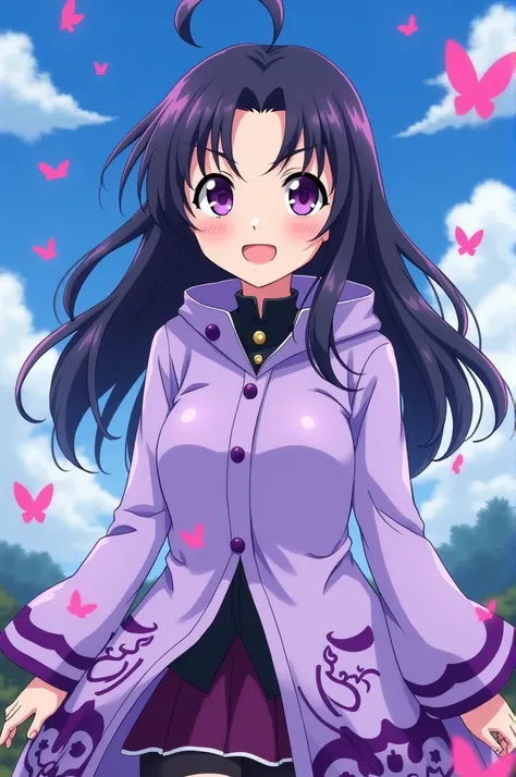  Screenshot of Kimetsu no Yaiba.
Make a teenage girl with long loose black hair with purple highlights . has bright purple eyes and is smiling  . she is wearing a light purple raincoat with dark purple details on the bottom of the trench coat she has butte...