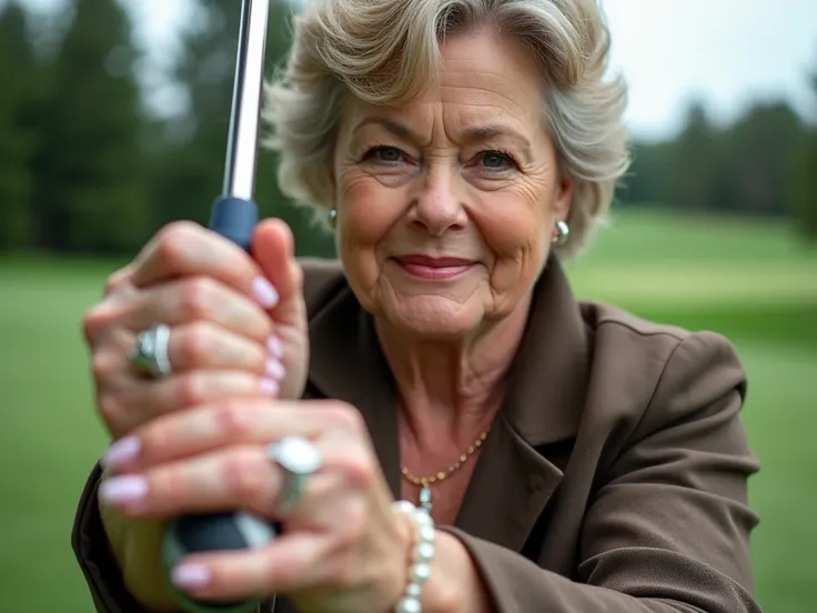 Fat rich old woman playing at the golf course, close-up