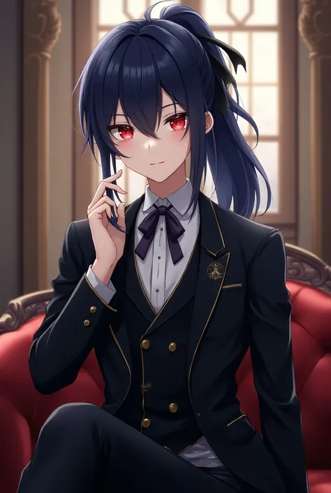  A young anime man with sharp red eyes represents long indigo hair tied with a black ribbon , He has fair skin and wears all the beautiful and luxurious black fairy clothes like the clothes of nobles in a luxurious school uniform
