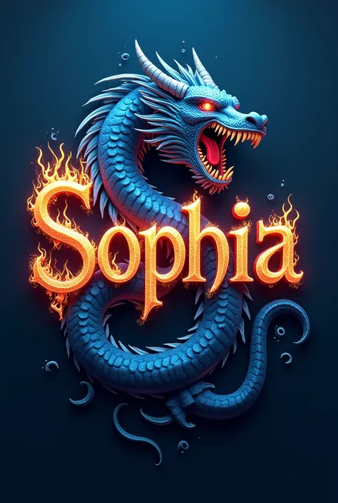 A captivating and vibrant 3D render illustration of the word "Sophia" transformed into a mesmerizing blend of typography and mythical elements. The intricate lettering features a dragons head roaring open-mouthed, with sharp teeth and eyes aglow. Flames tr...