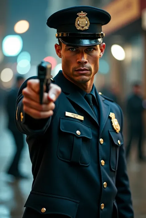 Cristiano Ronaldo poses as a police officer with a gun to shoot the police